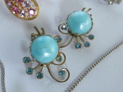 Glass Necklace, Rhinestone Earrings, Cufflinks