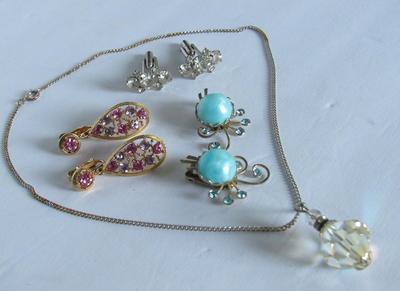 Glass Necklace, Rhinestone Earrings, Cufflinks