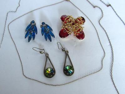 Lot of Thin Chains, Rhinestone Earrings and Brooch