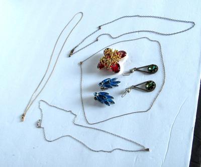 Lot of Thin Chains, Rhinestone Earrings and Brooch