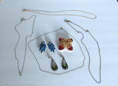 Lot of Thin Chains, Rhinestone Earrings and Brooch