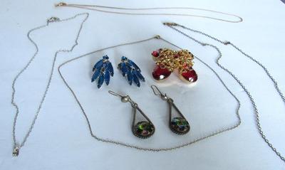 Lot of Thin Chains, Rhinestone Earrings and Brooch