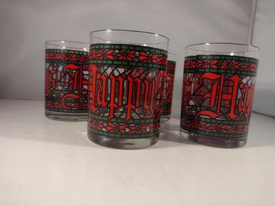 Vintage Houze 'Happy Holidays' Stained Glass Style Drinking Glasses- Five Pieces