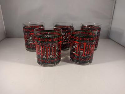 Vintage Houze 'Happy Holidays' Stained Glass Style Drinking Glasses- Five Pieces