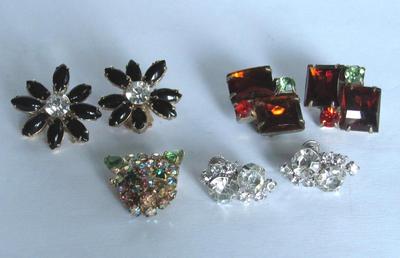 Rhinestone Earrings and Cat Head Pin Lot