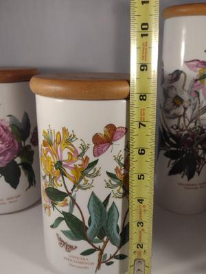 Portmeirion Porcelain Botanical Canisters with Wooden Lids- Six Pieces- Assorted Sizes