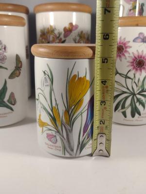 Portmeirion Porcelain Botanical Canisters with Wooden Lids- Six Pieces- Assorted Sizes