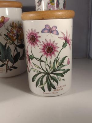Portmeirion Porcelain Botanical Canisters with Wooden Lids- Six Pieces- Assorted Sizes