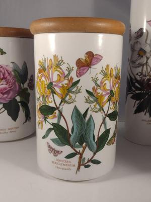 Portmeirion Porcelain Botanical Canisters with Wooden Lids- Six Pieces- Assorted Sizes