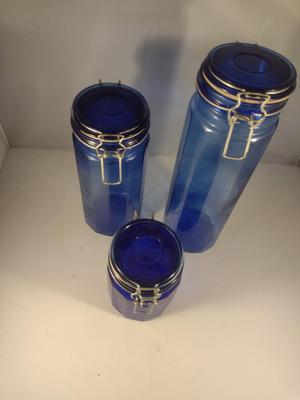 Three Blue Glass Bale Top Canisters