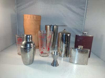 Assorted Bar Ware- Wine Cooler, Shakers, Flasks, etc.