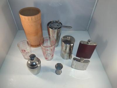 Assorted Bar Ware- Wine Cooler, Shakers, Flasks, etc.