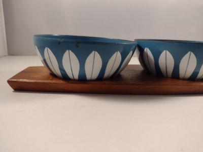 MCM Cathrineholm Enamelware Lotus Condiment Set- 3 Bowls with Teak Holder