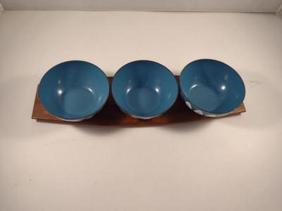 MCM Cathrineholm Enamelware Lotus Condiment Set- 3 Bowls with Teak Holder