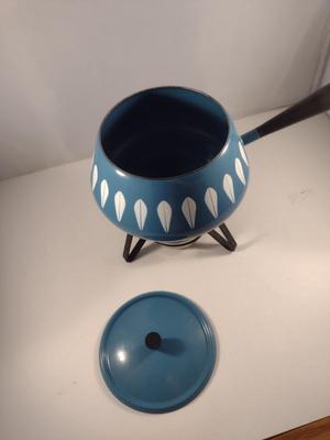 MCM Cathrineholm Enamelware White on Blue Lotus Fondue Pot