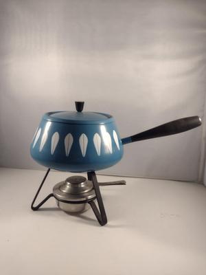 MCM Cathrineholm Enamelware White on Blue Lotus Fondue Pot