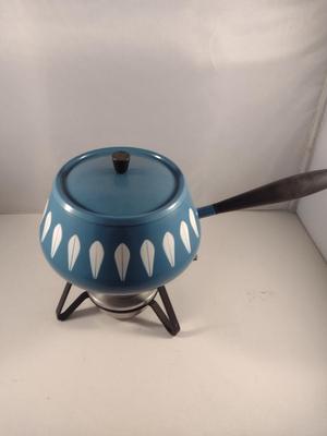 MCM Cathrineholm Enamelware White on Blue Lotus Fondue Pot