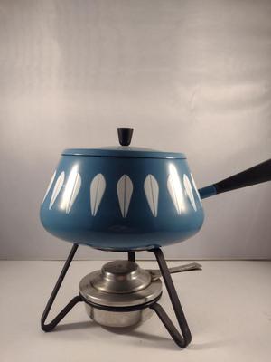 MCM Cathrineholm Enamelware White on Blue Lotus Fondue Pot