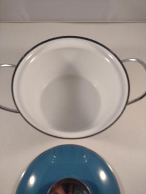 MCM Cathrineholm Enamelware Blue and White Lotus 6" Casserole with Lid