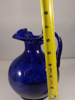 Fenton Cobalt Blue Art Glass Coin Dot Pitcher with Ruffled Top
