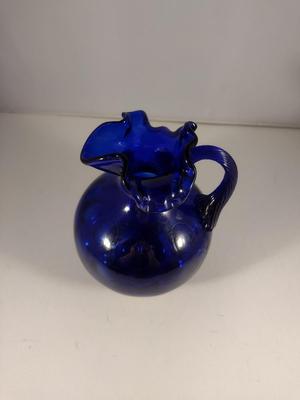 Fenton Cobalt Blue Art Glass Coin Dot Pitcher with Ruffled Top