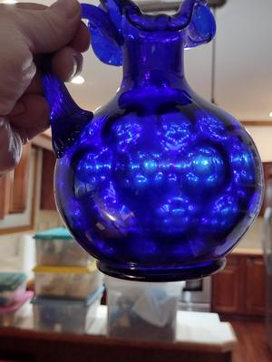 Fenton Cobalt Blue Art Glass Coin Dot Pitcher with Ruffled Top