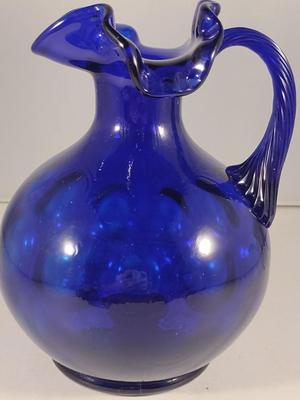Fenton Cobalt Blue Art Glass Coin Dot Pitcher with Ruffled Top