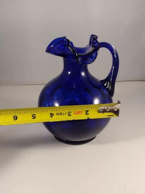 Fenton Cobalt Blue Art Glass Coin Dot Pitcher with Ruffled Top