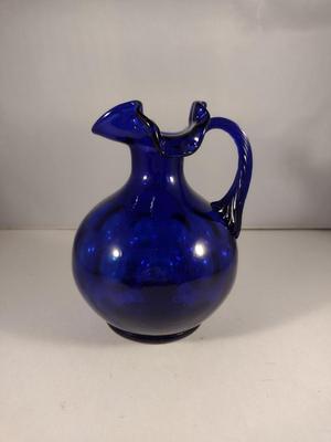 Fenton Cobalt Blue Art Glass Coin Dot Pitcher with Ruffled Top