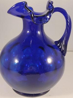 Fenton Cobalt Blue Art Glass Coin Dot Pitcher with Ruffled Top