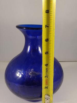 Blenko Cobalt Blue Crackle Art Glass Vase