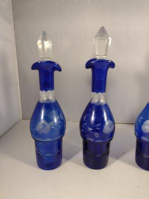 Antique Cobalt Cut to Clear Glass Five Piece Cruet, Condiment, and Salt & Pepper Set