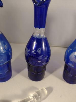 Antique Cobalt Cut to Clear Glass Five Piece Cruet, Condiment, and Salt & Pepper Set