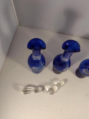 Antique Cobalt Cut to Clear Glass Five Piece Cruet, Condiment, and Salt & Pepper Set