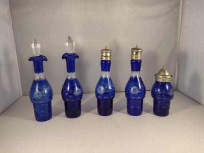 Antique Cobalt Cut to Clear Glass Five Piece Cruet, Condiment, and Salt & Pepper Set