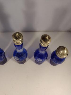 Antique Cobalt Cut to Clear Glass Five Piece Cruet, Condiment, and Salt & Pepper Set