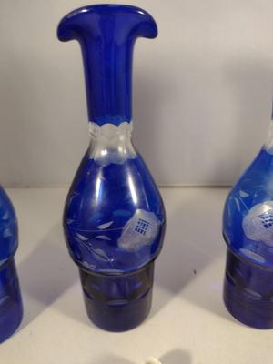 Antique Cobalt Cut to Clear Glass Five Piece Cruet, Condiment, and Salt & Pepper Set