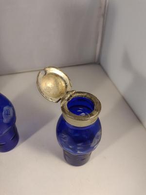 Antique Cobalt Cut to Clear Glass Five Piece Cruet, Condiment, and Salt & Pepper Set