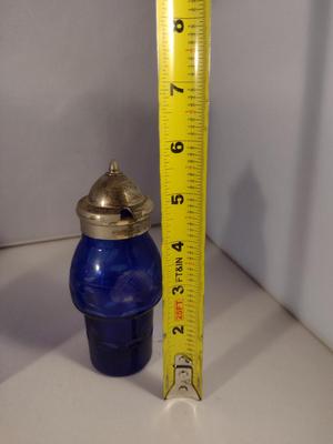 Antique Cobalt Cut to Clear Glass Five Piece Cruet, Condiment, and Salt & Pepper Set