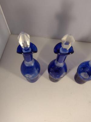 Antique Cobalt Cut to Clear Glass Five Piece Cruet, Condiment, and Salt & Pepper Set