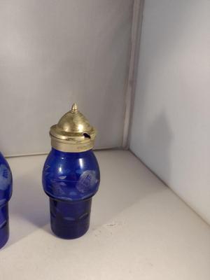 Antique Cobalt Cut to Clear Glass Five Piece Cruet, Condiment, and Salt & Pepper Set
