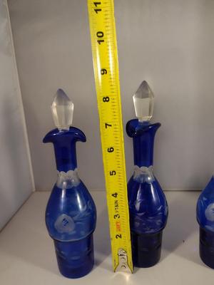 Antique Cobalt Cut to Clear Glass Five Piece Cruet, Condiment, and Salt & Pepper Set