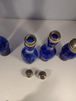 Antique Cobalt Cut to Clear Glass Five Piece Cruet, Condiment, and Salt & Pepper Set