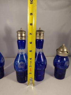 Antique Cobalt Cut to Clear Glass Five Piece Cruet, Condiment, and Salt & Pepper Set