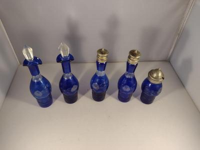 Antique Cobalt Cut to Clear Glass Five Piece Cruet, Condiment, and Salt & Pepper Set
