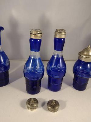 Antique Cobalt Cut to Clear Glass Five Piece Cruet, Condiment, and Salt & Pepper Set
