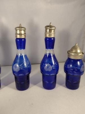 Antique Cobalt Cut to Clear Glass Five Piece Cruet, Condiment, and Salt & Pepper Set