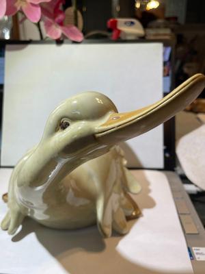 Vintage Celedon Glaze Ceramic Duck 10" Wide in Good Preowned Condition as Pic'd.