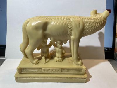 Vintage She-Wolf Resin Statue w/Romulus & Remus Symbol of Rome 1970's 6.75" Long as Pic'd.