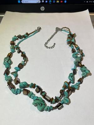 Vintage Preowned Double Strand Turquoise w/Some Tiger's Eye Bead Fashion Adjustable Necklace 18-22" in Good Preowned Condition.